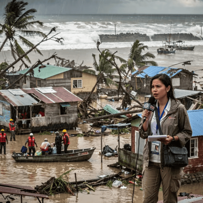 Disaster journalism course showing a journalist reporting safely from a cyclone-affected Pacific island community
