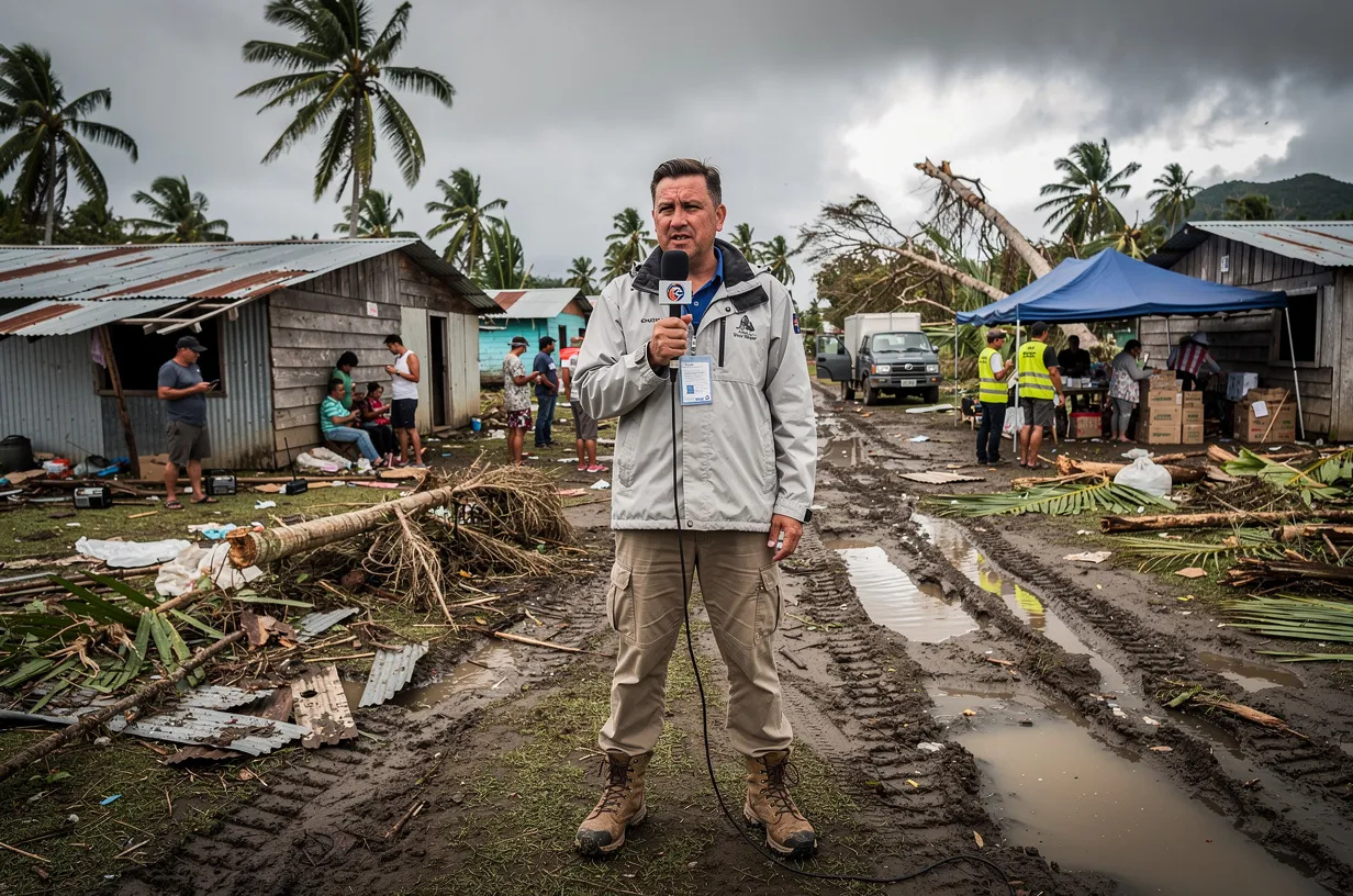 Journalist Reporting Damaged Village